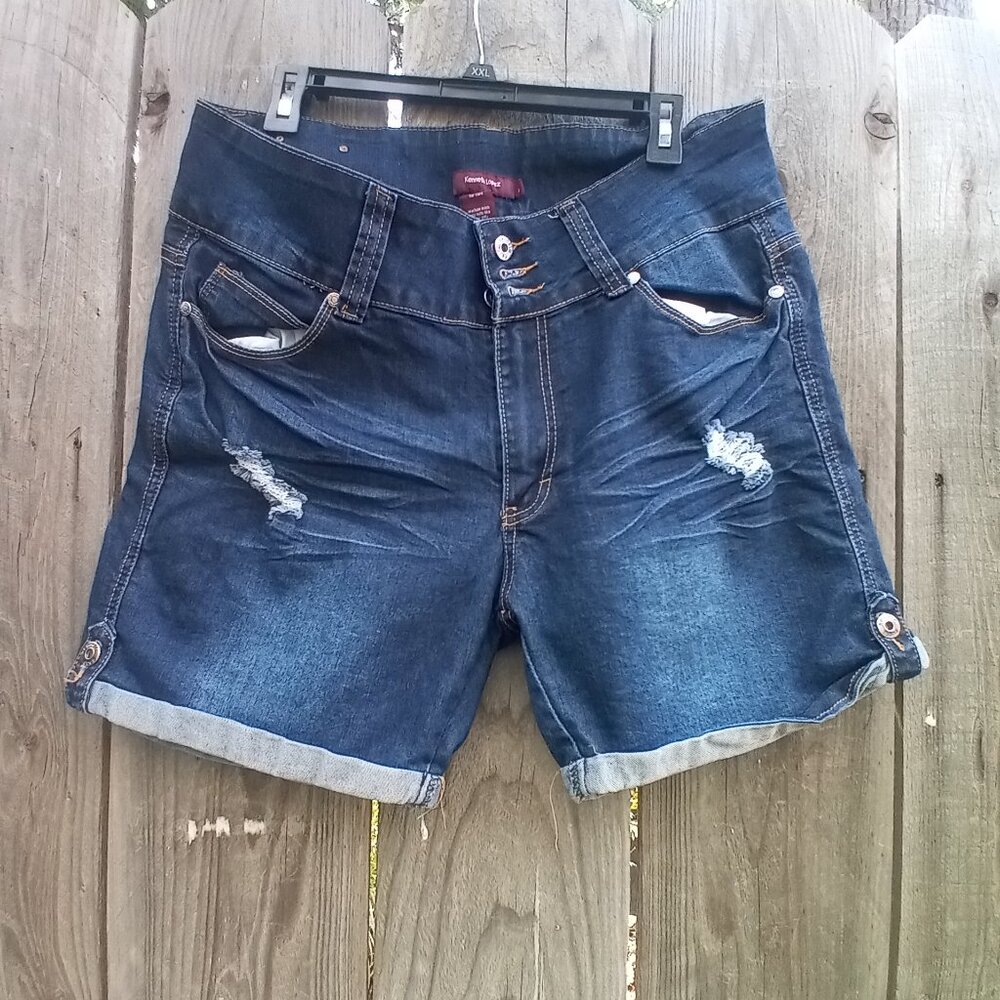 Kenneth Lopez Distressed Stretch Denim Shorts 16 Dark Blue Mid to High Rise